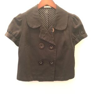 Black ruffle shoulder button front jacket